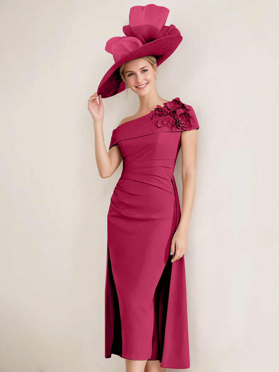 Off the Shoulder Pleated Tea Length Mother of the Bride Dresses with 3D Flower in Sheath Column Style