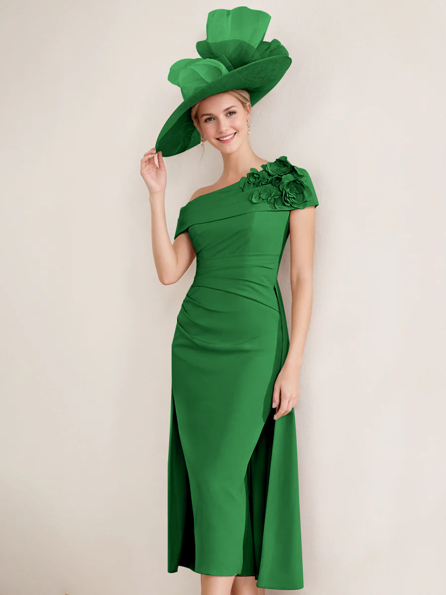 Off the Shoulder Pleated Tea Length Mother of the Bride Dresses with 3D Flower in Sheath Column Style