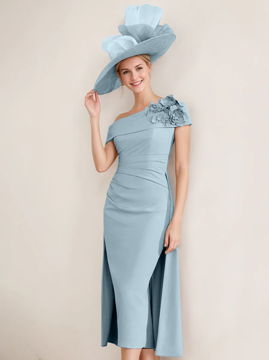 Off the Shoulder Pleated Tea Length Mother of the Bride Dresses with 3D Flower in Sheath Column Style