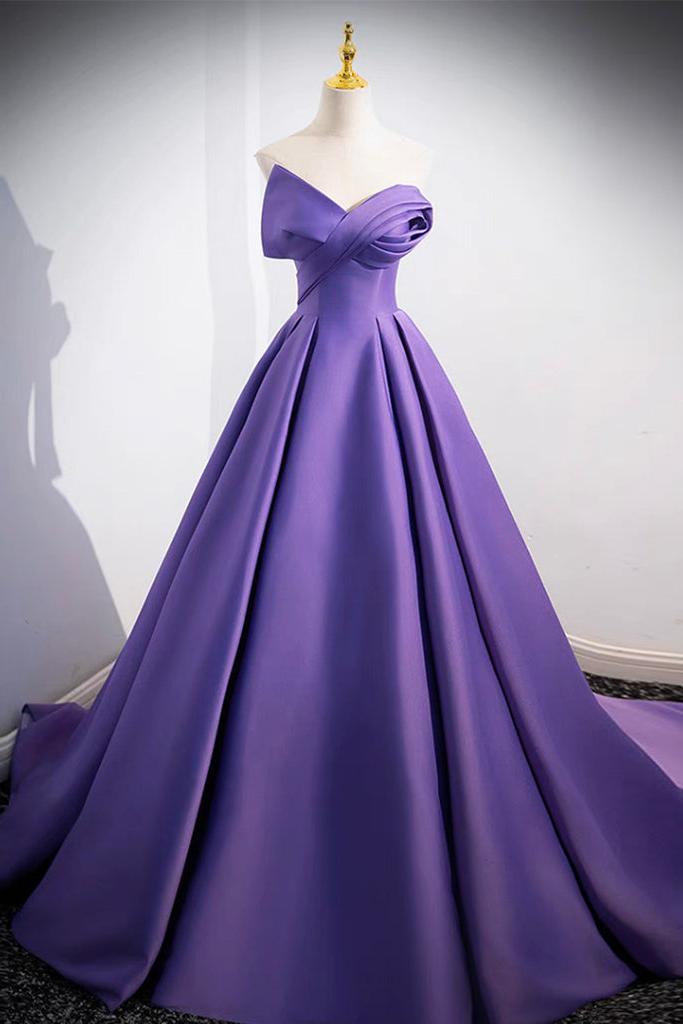 Off the Shoulder Prom Dress Satin Purple Long Evening Dress