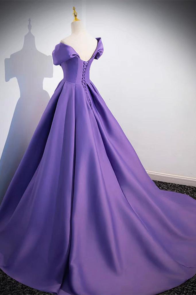 Off the Shoulder Prom Dress Satin Purple Long Evening Dress