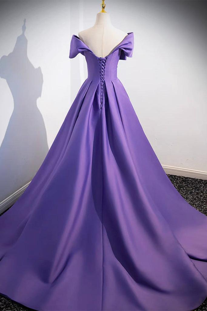 Off the Shoulder Prom Dress Satin Purple Long Evening Dress