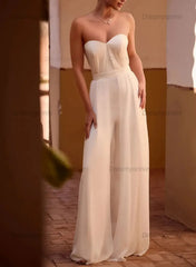Off the Shoulder Sleeveless Floor Length Chiffon Elastic Satin Wedding Jumpsuit