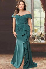 Off the Shoulder Sleeveless Plus Size Mother of the Bride Gown with Ruffles