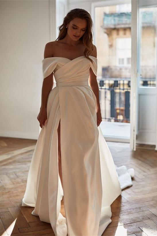 Off the Shoulder Sleeveless Satin Court Train Wedding Dress