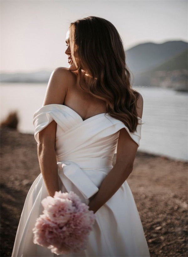 Off the Shoulder Sleeveless Satin Court Train Wedding Dress