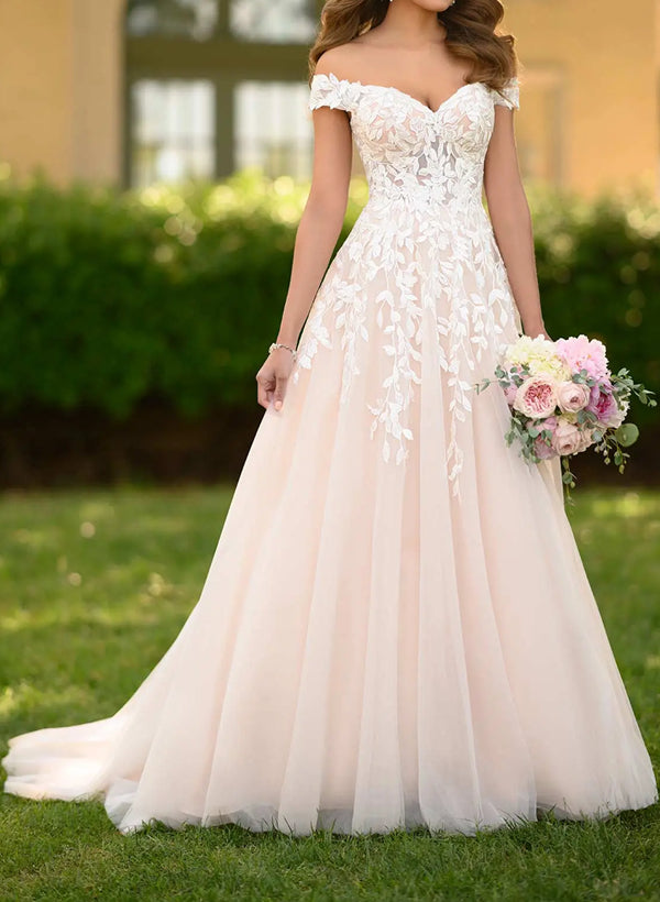 Off the Shoulder Sleeveless Tulle Sweep Train Wedding Dress With Appliques Lace