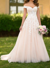 Off the Shoulder Sleeveless Tulle Sweep Train Wedding Dress With Appliques Lace