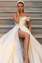 Off the shoulder Satin A Line/Princess Wedding Dress with Sequins Split Front