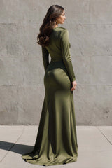 Olive Mermaid Boat Neck Satin Ruched Long Sleeves Evening Dress With Slit