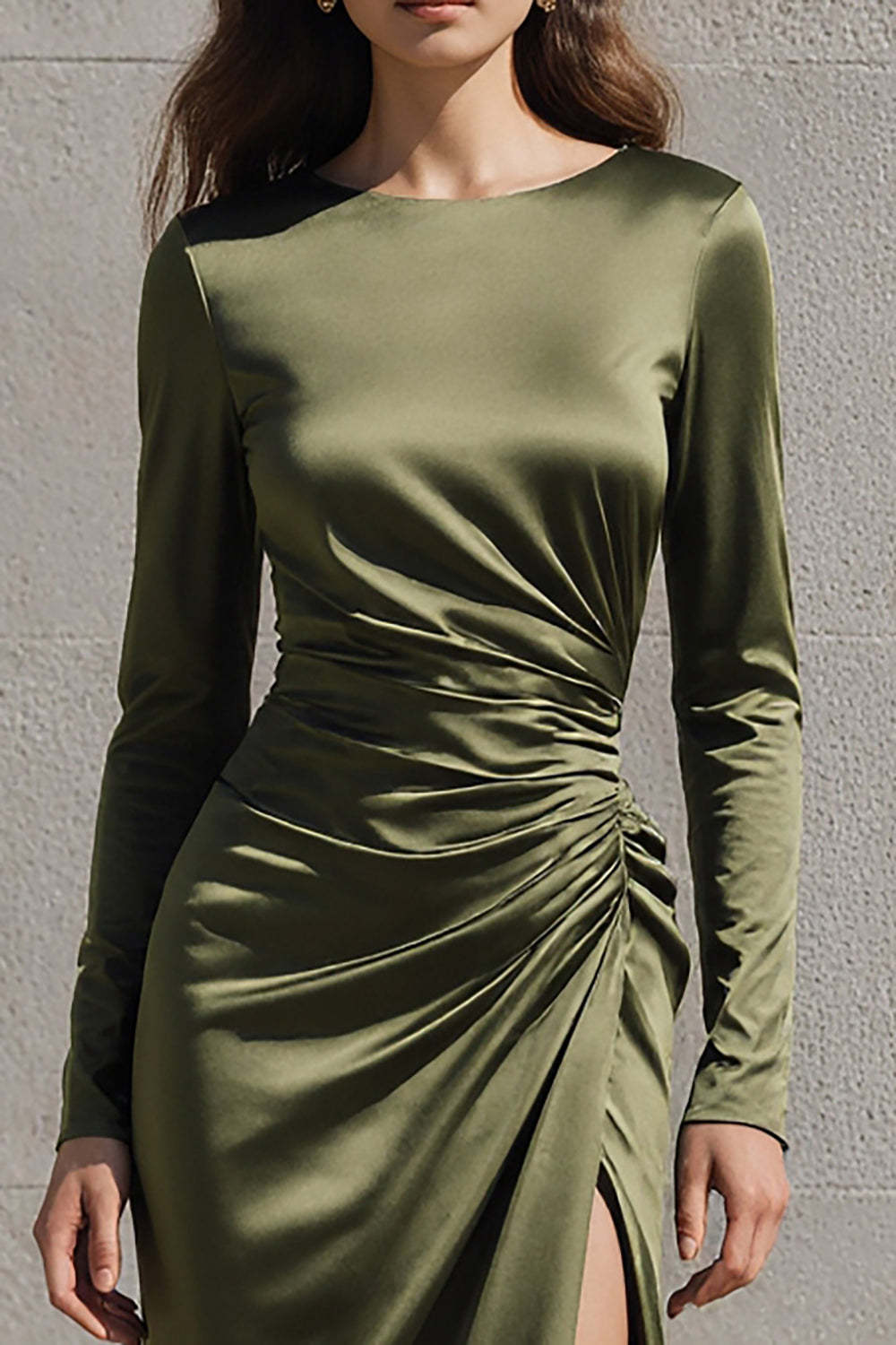 Olive Mermaid Boat Neck Satin Ruched Long Sleeves Evening Dress With Slit