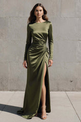 Olive Mermaid Boat Neck Satin Ruched Long Sleeves Evening Dress With Slit