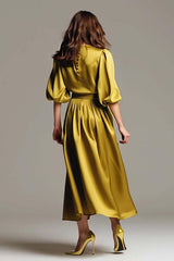 Olive Satin A-Line Long Evening Dress With Sleeves