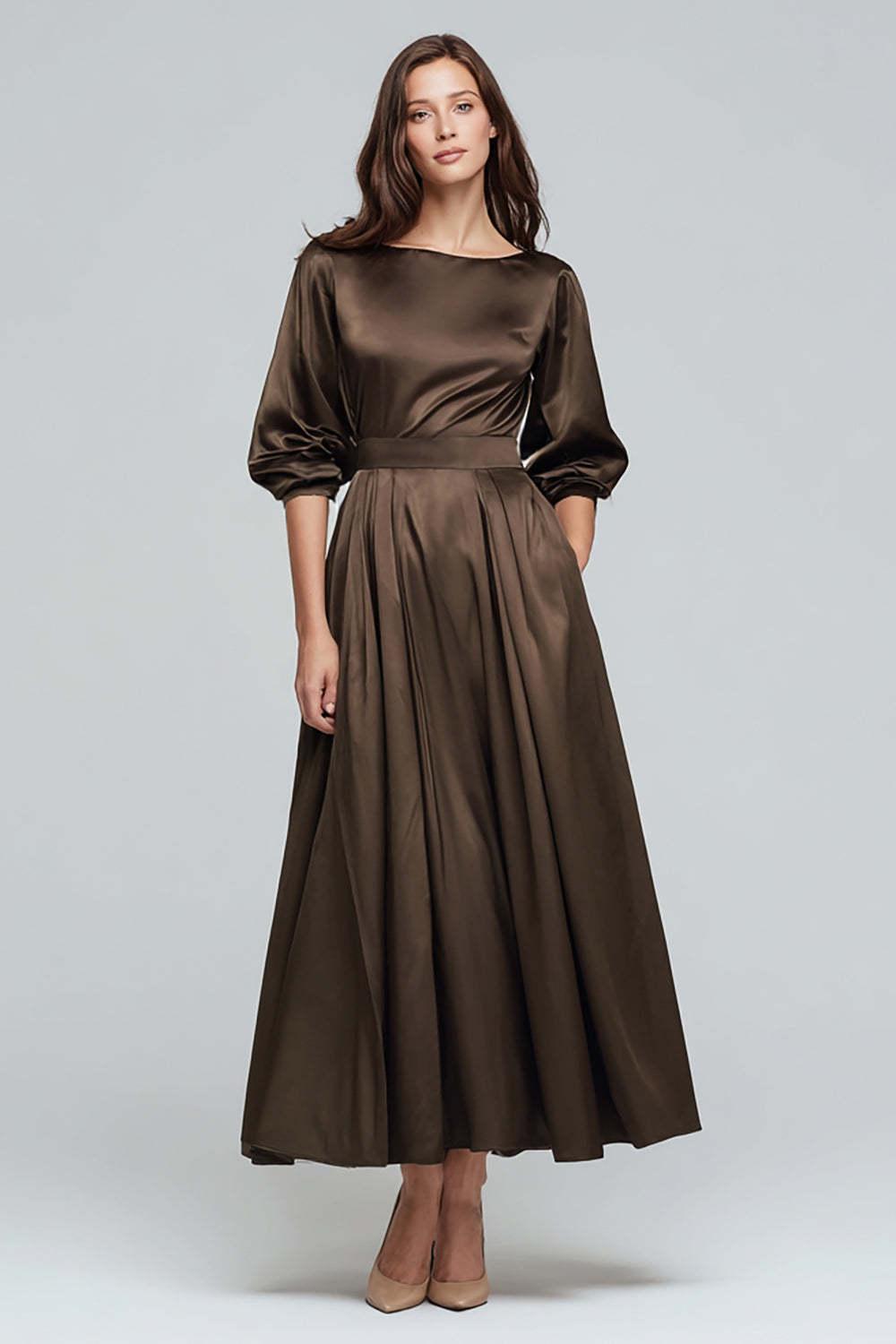 Olive Satin A-Line Long Evening Dress With Sleeves
