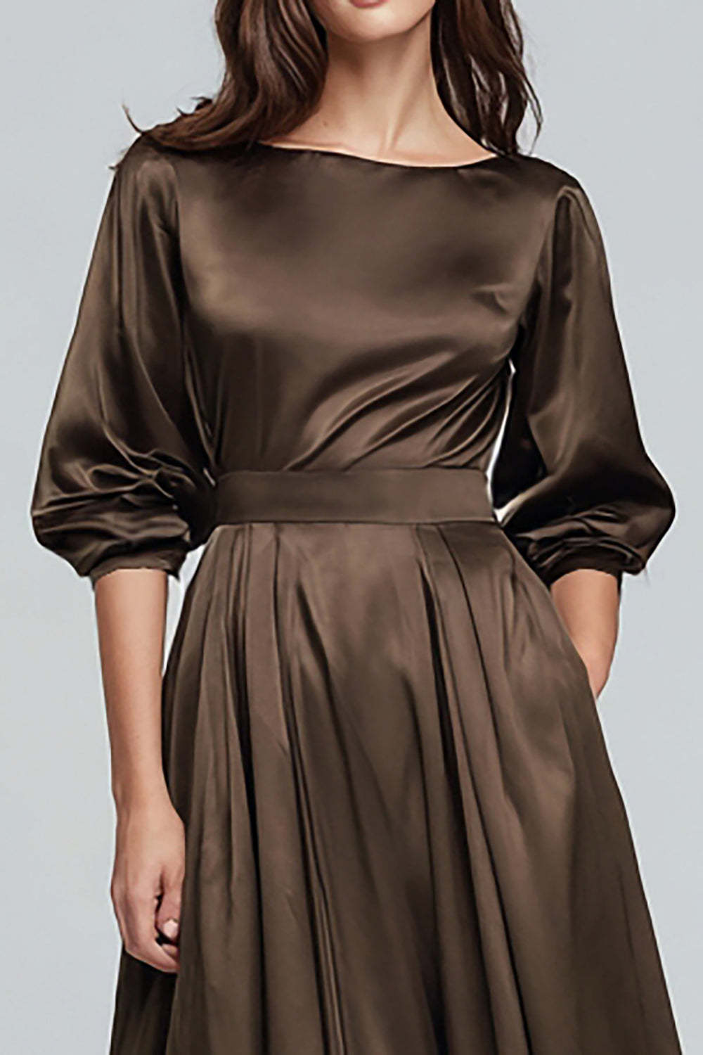 Olive Satin A-Line Long Evening Dress With Sleeves