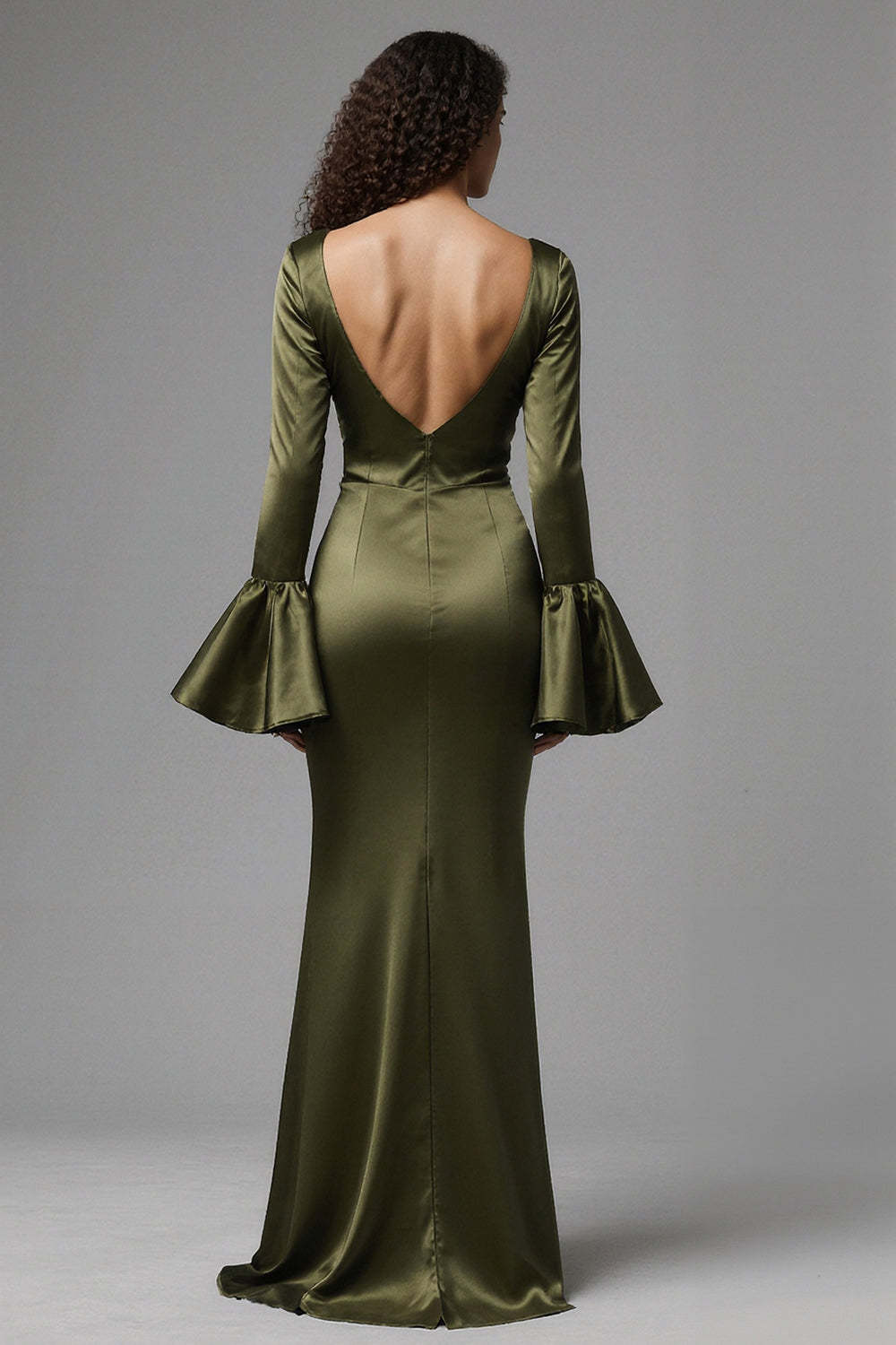 Olive Satin Square Neck Mermaid Flare Sleeves Long Evening Dress With Slit