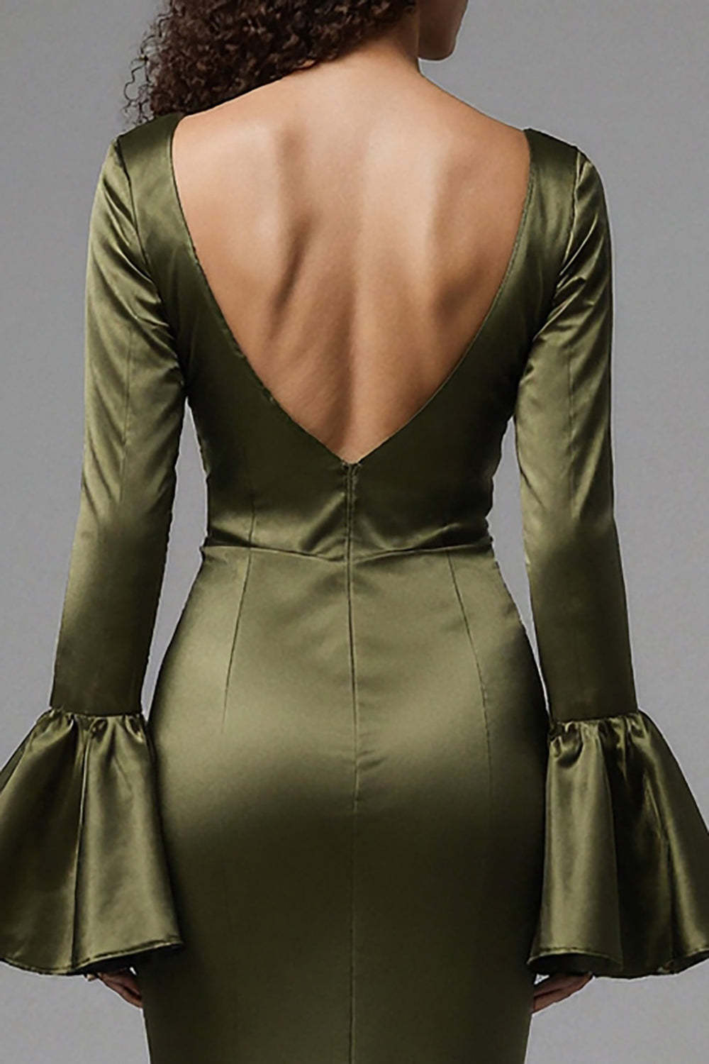 Olive Satin Square Neck Mermaid Flare Sleeves Long Evening Dress With Slit