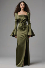 Olive Satin Square Neck Mermaid Flare Sleeves Long Evening Dress With Slit