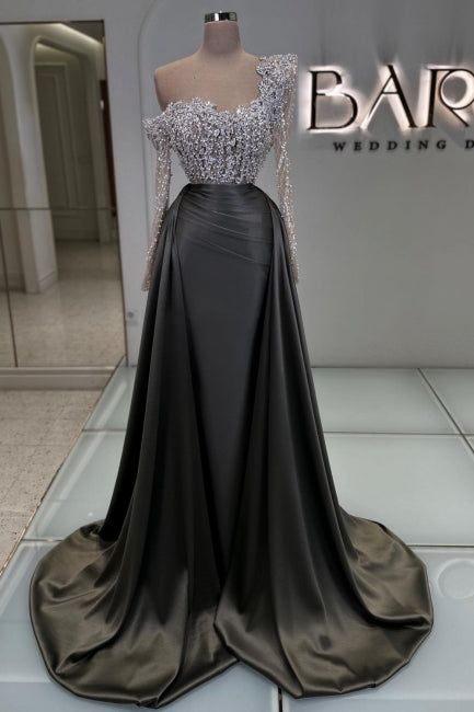 Olive Square A Line Sleeves Beaded Lace Column Panel Train Satin Formal Dress With Pearls