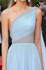 One Shoulder A Line Sky Blue Wedding Guest Dress Chiffon Gala Dress With Beading