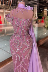 One Shoulder Beaded Prom Dress Purple Column Formal Dress with Train