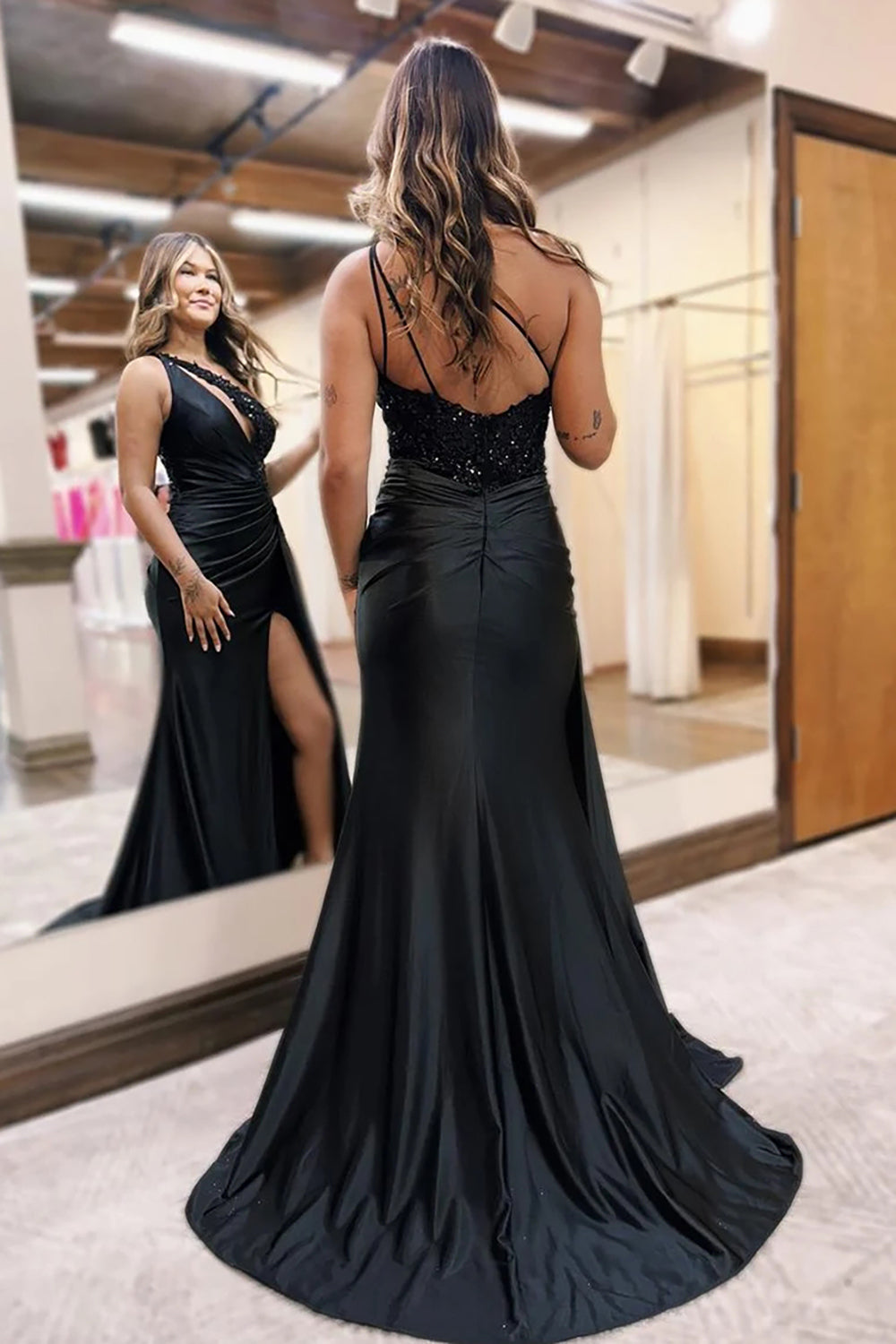 One Shoulder Black Prom Dress Satin Long Formal Dress With Slit