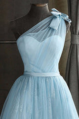 One Shoulder Blue Homecoming Dress Prom Dress With Bowknot