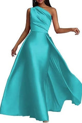 One Shoulder Bridesmaid Dress Fuchsia Wedding Guest Dress with Panel Train