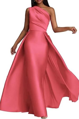 One Shoulder Bridesmaid Dress Fuchsia Wedding Guest Dress with Panel Train