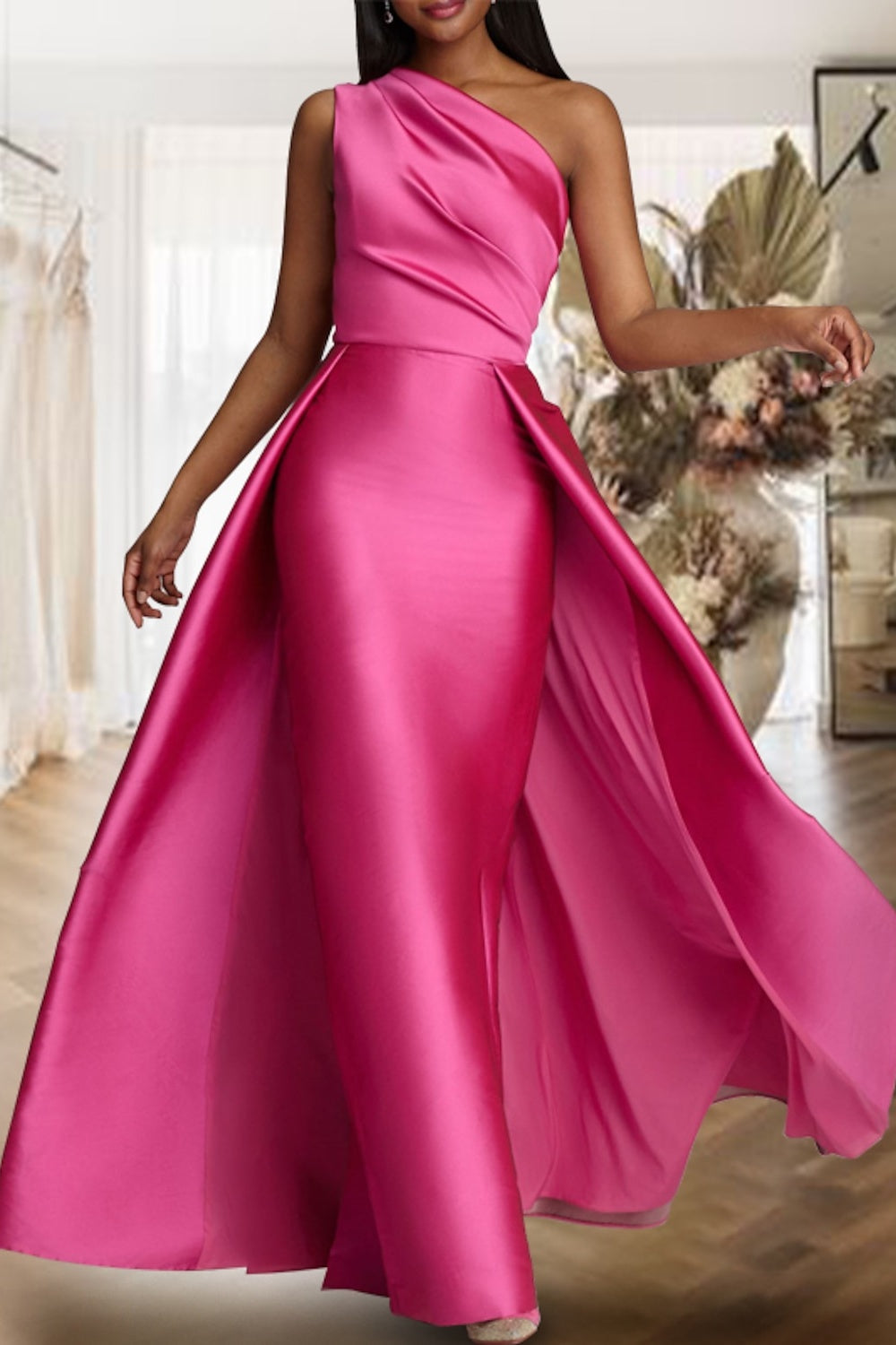 One Shoulder Mother of the bride Dress Fuchsia Wedding Guest Dress wit – Dreamyannie