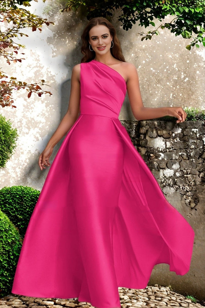 one shoulder pink wedding guest dress One Shoulder Hot Pink Wedding Guest Dress Formal Evening Party Dress J7203