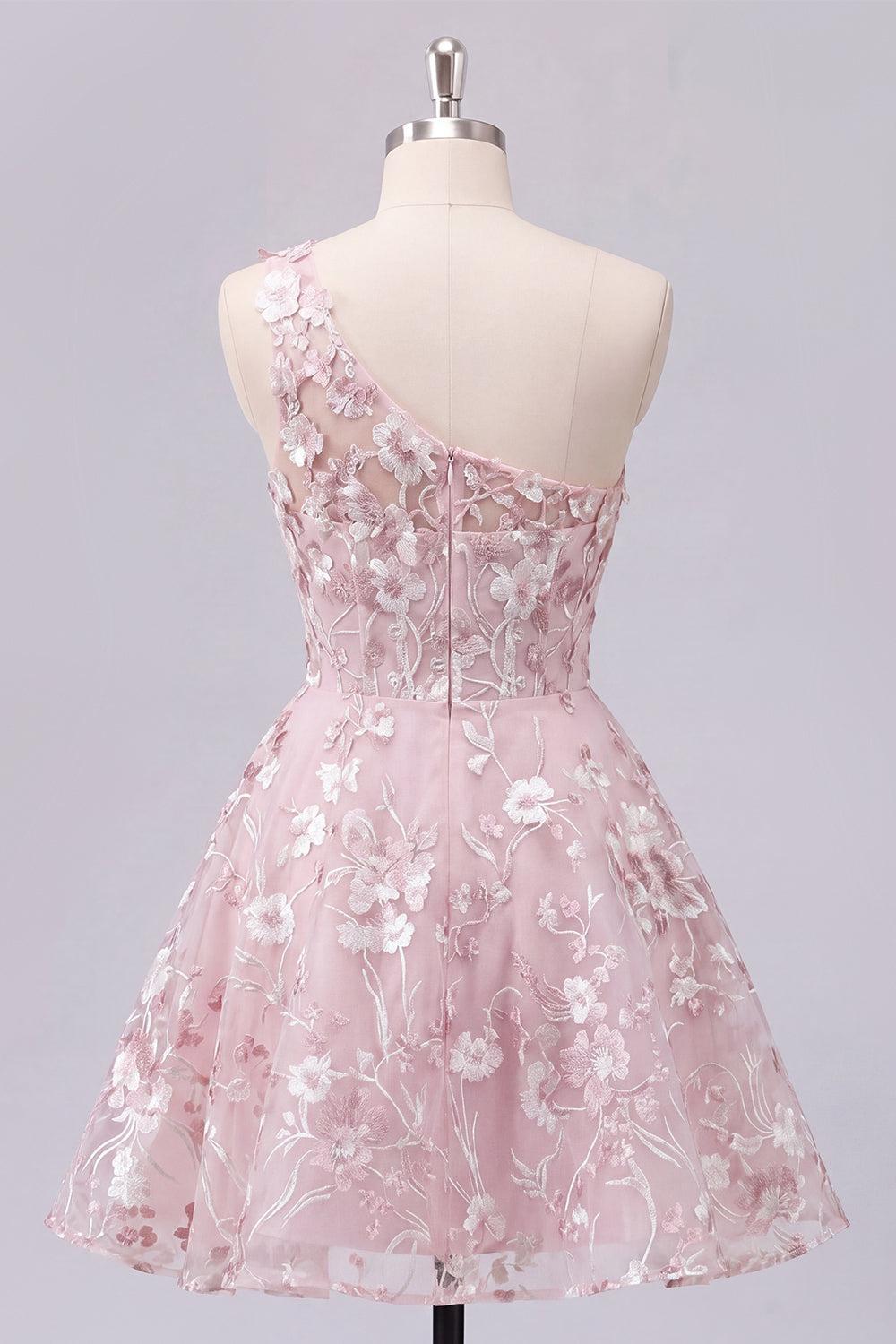 One Shoulder Floral A Line Pink Short Corset Homecoming Dress