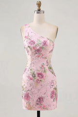 One Shoulder Floral Beaded Tight Short Sparkly Pink Homecoming Dress