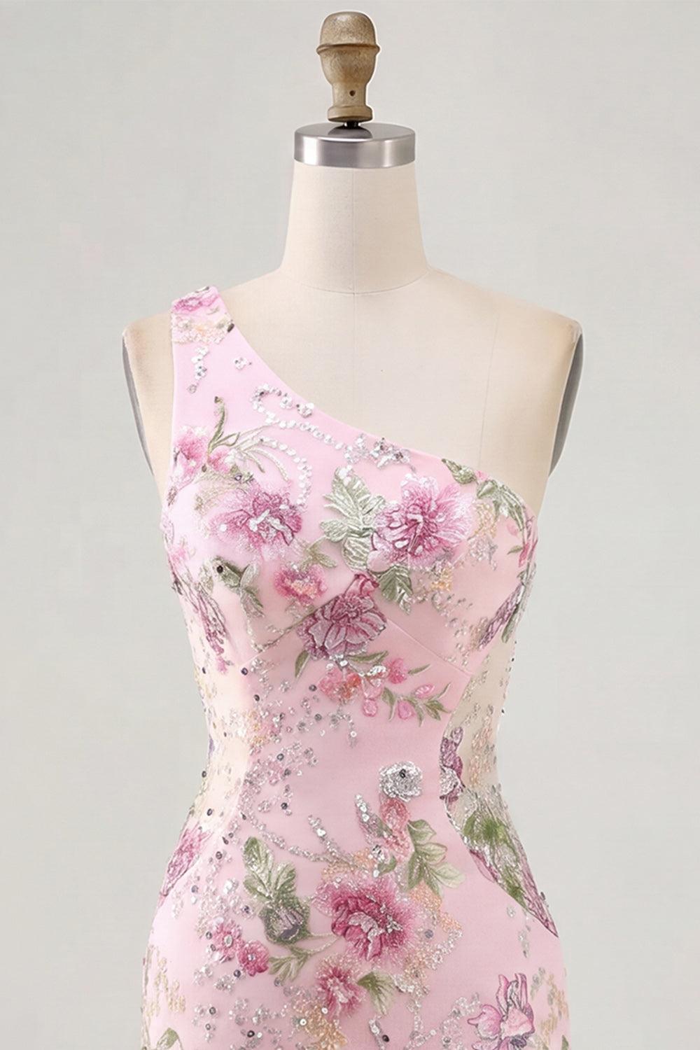 One Shoulder Floral Beaded Tight Short Sparkly Pink Homecoming Dress