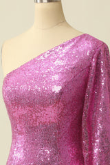 One Shoulder Fuchsia Homecoming Dress Sequined Prom Dress