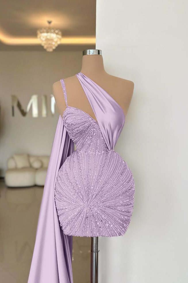 One Shoulder Homecoming Dress Sleeveless Short Cocktail Dress With Beading