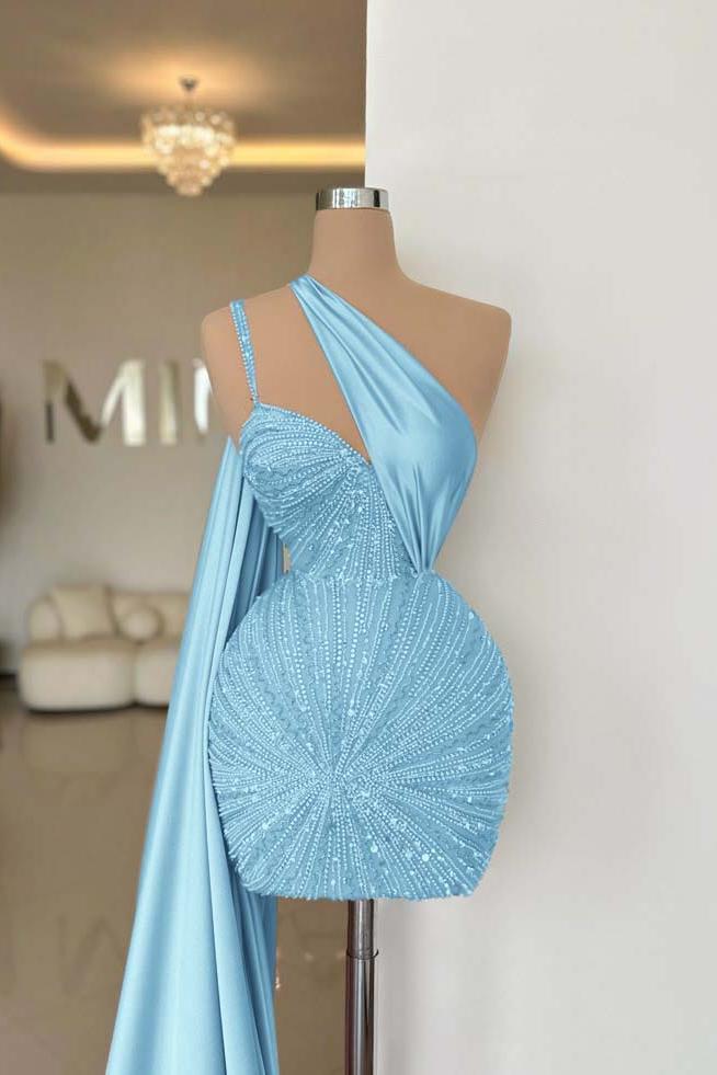 One Shoulder Homecoming Dress Sleeveless Short Cocktail Dress With Beading