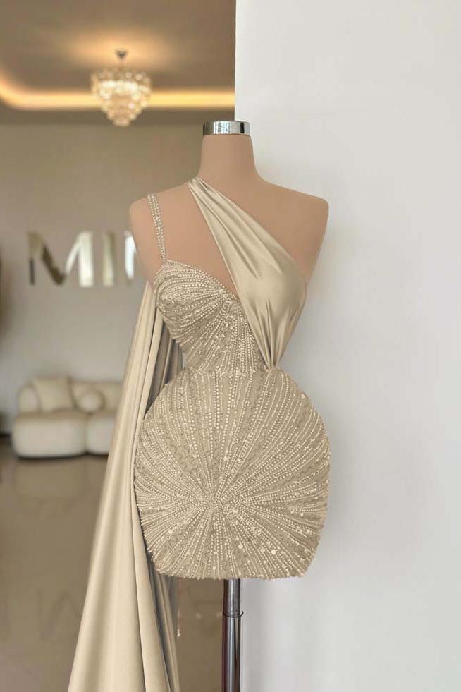 One Shoulder Homecoming Dress Sleeveless Short Cocktail Dress With Beading