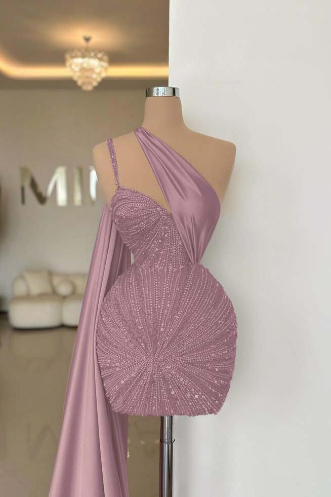 One Shoulder Homecoming Dress Sleeveless Short Cocktail Dress With Beading