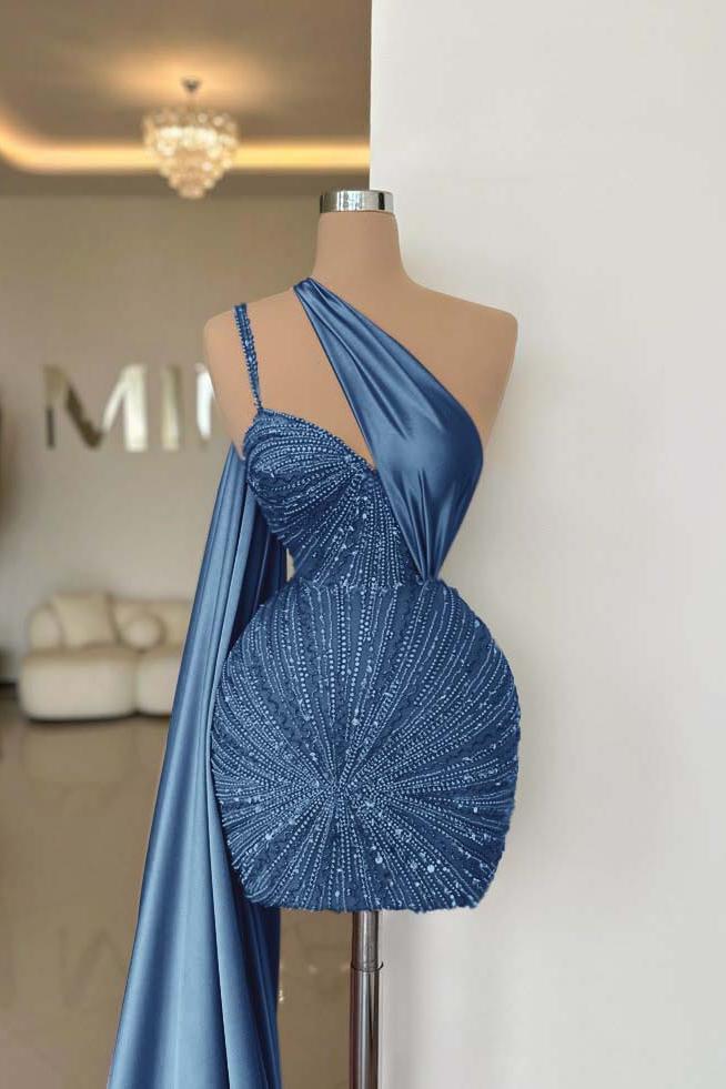 One Shoulder Homecoming Dress Sleeveless Short Cocktail Dress With Beading