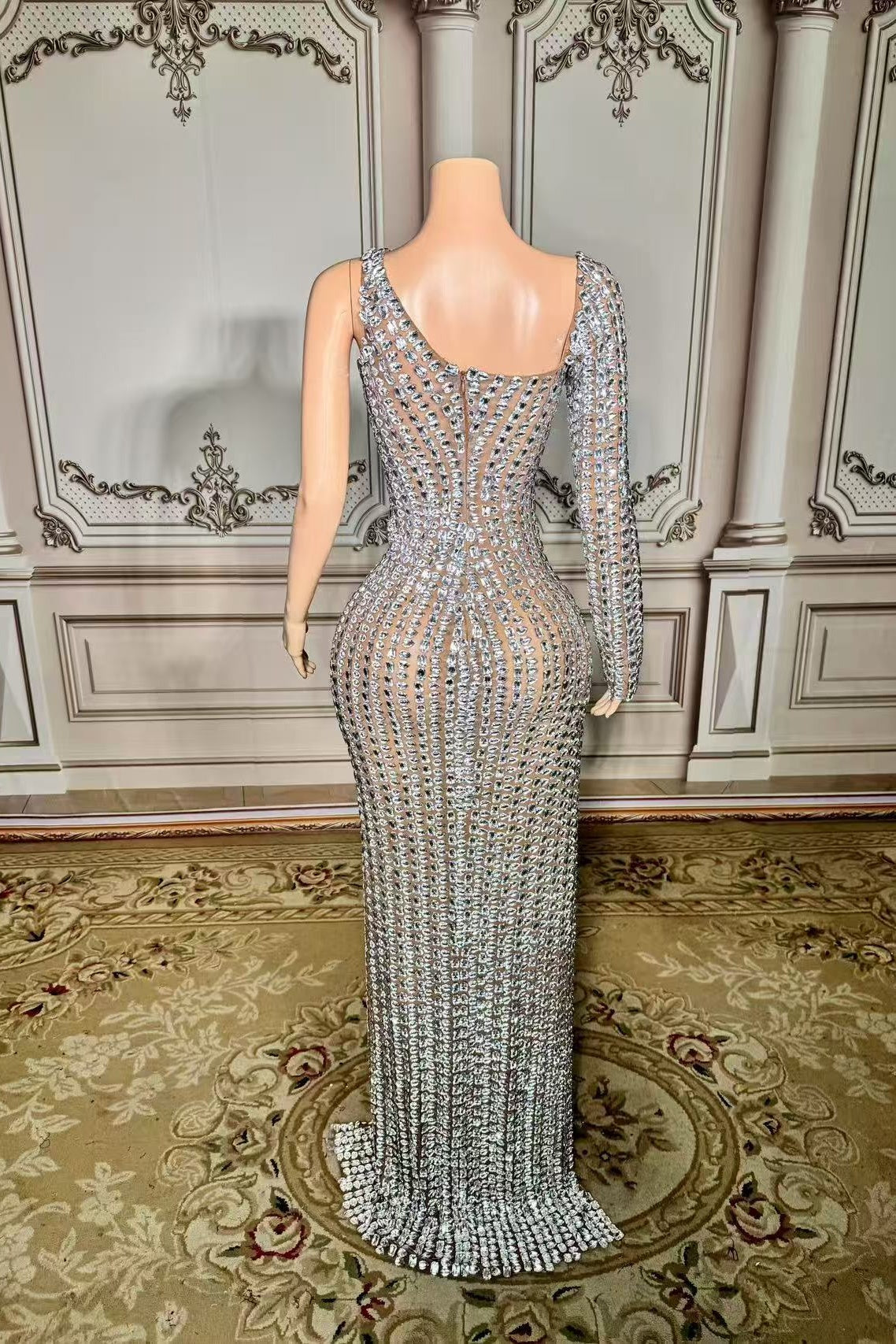 One Shoulder Long Sleeve Formal Dress Silver Mermaid Beaded Evening Dress with Slit