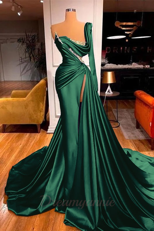 One Shoulder Long Sleeves Prom Dress Slit Mermaid Party Gowns Overskirt