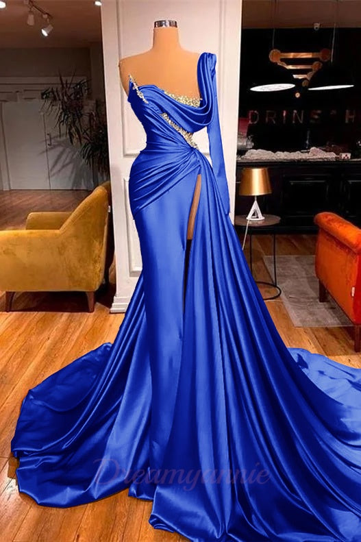 One Shoulder Long Sleeves Prom Dress Slit Mermaid Party Gowns Overskirt