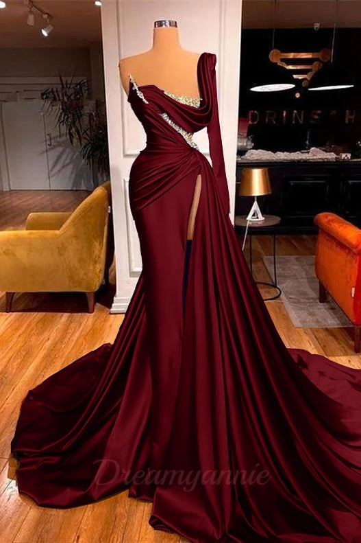 One Shoulder Long Sleeves Prom Dress Slit Mermaid Party Gowns Overskirt