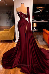 One Shoulder Long Sleeves Prom Dress Slit Mermaid Party Gowns Overskirt