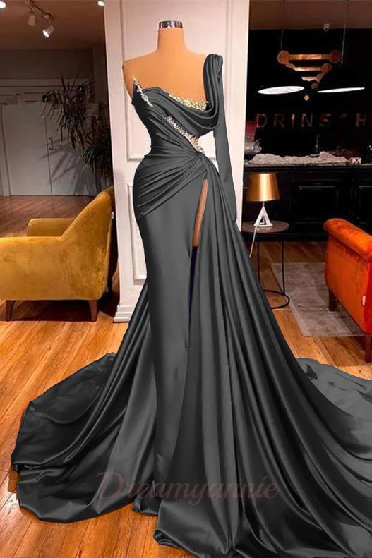 One Shoulder Long Sleeves Prom Dress Slit Mermaid Party Gowns Overskirt