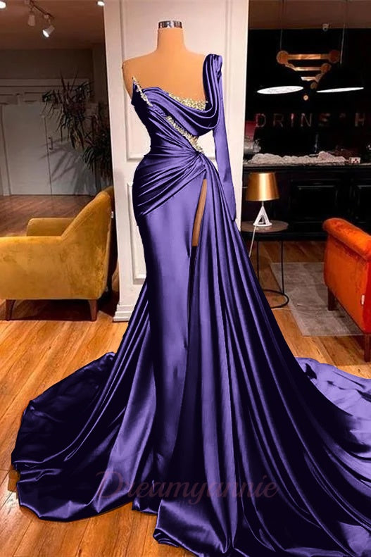 One Shoulder Long Sleeves Prom Dress Slit Mermaid Party Gowns Overskirt