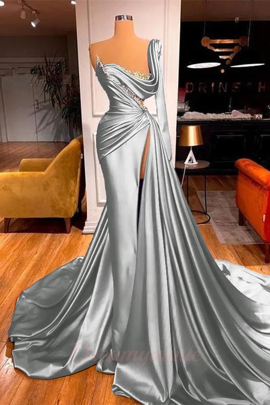 One Shoulder Long Sleeves Prom Dress Slit Mermaid Party Gowns Overskirt