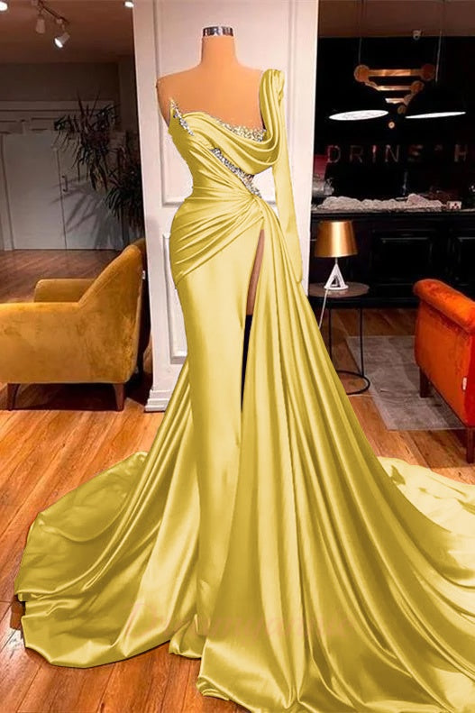 One Shoulder Long Sleeves Prom Dress Slit Mermaid Party Gowns Overskirt