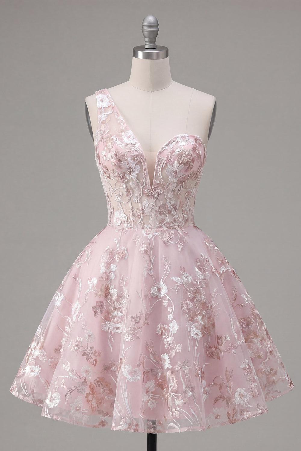 One Shoulder Pink Floral A Line Short Homecoming Dress